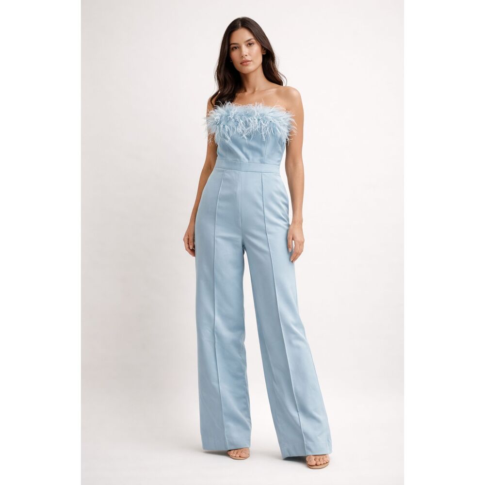 Club L London Light Blue Feather Trim Strapless Wide Leg Jumpsuit Size 6 Party